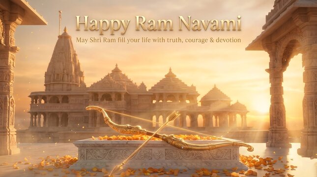 Ram navami celebration with traditional indian temple and bow and arrow