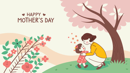 Fototapeta premium Mother and child celebrating Mother's Day with joy in a colorful spring landscape 