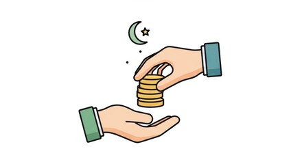 Two hands exchanging a stack of coins under a crescent moon