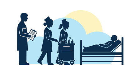 Naklejka premium Healthcare professionals attending to a patient in a hospital bed, symbolizing medical care and support