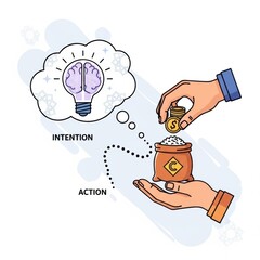 Illustration of a person's hand placing coins into a jar while a thought bubble shows a brain.