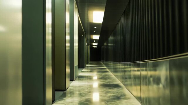 Modern architecture creating a sense of journey and abstract perspective, with bright light reflecting on the floor and metallic walls, forming an endless corridor