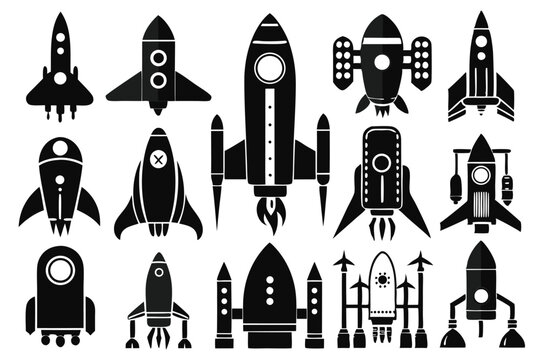 set of rocket icon silhouette line art vector illustration with a white background
