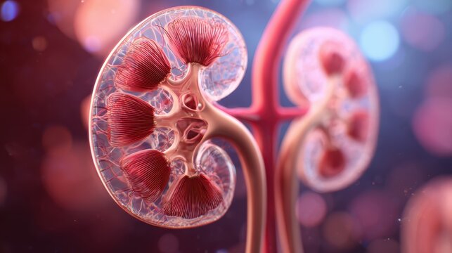 Detailed 3D rendering of a human kidney cross-section showing internal structures and blood vessels