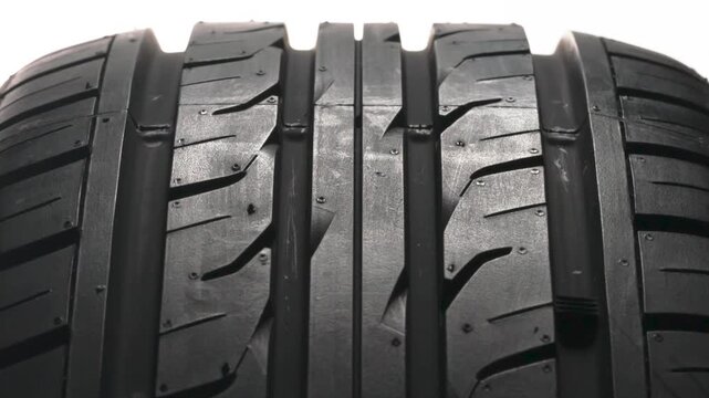 Shiny New Wheel Tread. New car wheel close-up slowly spinning showing tread pattern on white background