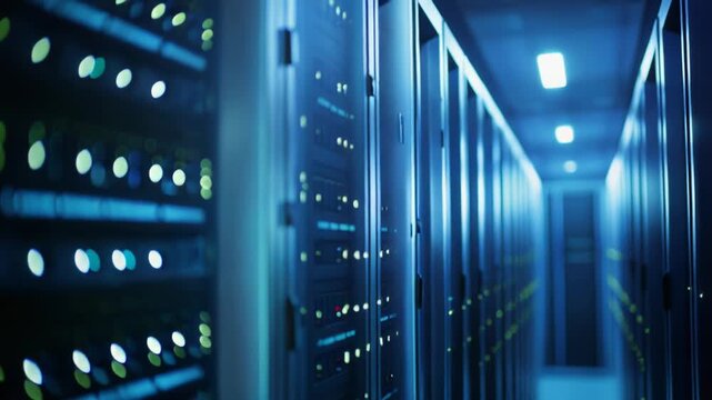 Server racks with blinking indicator lights stretch through a modern data center, highlighting cloud computing infrastructure, secure storage, networking and high density processing capacity