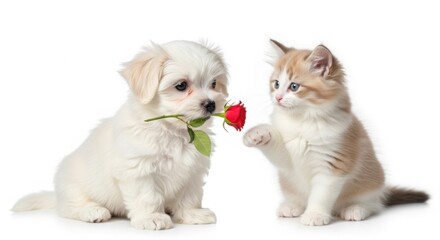 Fototapeta premium Adorable white puppy holding red rose for ginger kitten, cute pets celebrating Valentine's Day, romantic animal friendship with dog and cat isolated PNG with Transparent Background