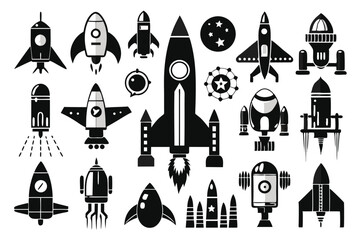 Obraz premium set of rocket icon silhouette line art vector illustration with a white background