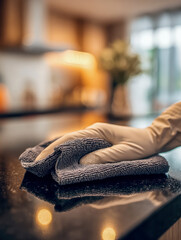 Obraz premium Hand wearing protective glove wiping a clean shiny kitchen countertop with an absorbent microfiber cloth in a warmly lit modern home interior setting