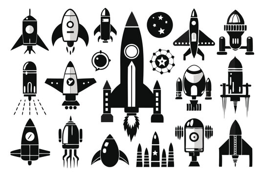 set of rocket icon silhouette line art vector illustration with a white background
