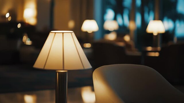 Cozy hotel lounge interior providing a comfortable and elegant atmosphere for guests to relax, featuring a table lamp illuminating modern furniture at night