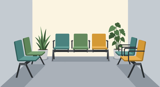 Waiting room with chairs and plants, clean vector illustration of a modern waiting area with seating and greenery, perfect for medical or office environments