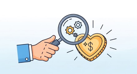 A magnifying glass revealing a heart-shaped gold coin with a dollar sign inside.