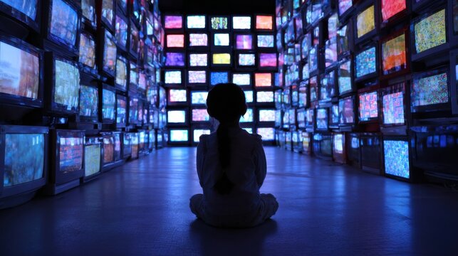 Young girl watching multiple television screens displaying colorful static noise in dark room.