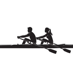 Rowing duo graphic, male and female rowers in a boat, silhouettes of athletes competing in water sport, synchronized sculling competition © SORIF