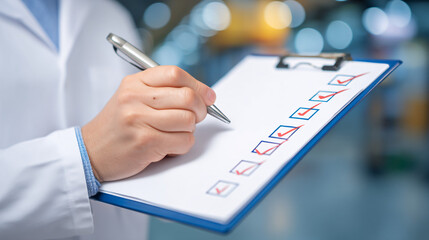 Fototapeta premium A person in a white coat checking off items on a clipboard.