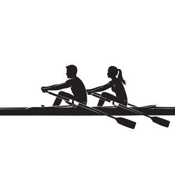 Rowing duo graphic, male and female rowers in a boat, silhouettes of athletes competing in water sport, synchronized sculling competition