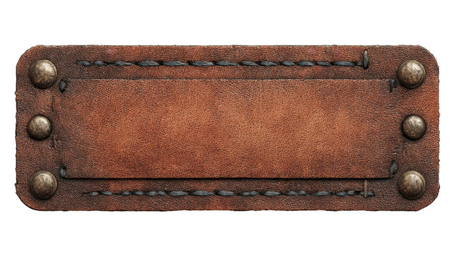 Rustic brown leather label with weathered rivets and thick stitching