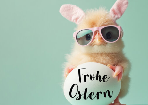 Frohe Ostern Konzept, Ferien Feiertag Gru&szlig;karte, Karte mit deutschem Text - Lustiges Osterhase K&uuml;ken mit Ostereier und Hasenohren, isoliert auf gr&uuml;nem Hintergrund