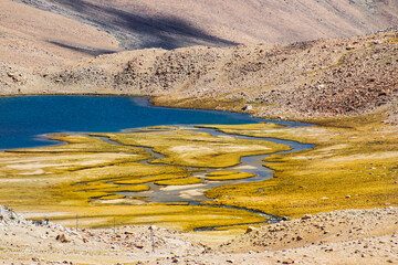 View of lake of Himalayas at Chang La , southern pass, a high mountain pass in Ladakh in the Greater Himalaya between Leh and the Shyok River valley. Way to Pangong lake, Leh, Ladakh, India.