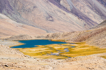 View of lake of Himalayas at Chang La , southern pass, a high mountain pass in Ladakh in the Greater Himalaya between Leh and the Shyok River valley. Way to Pangong lake, Leh, Ladakh, India.