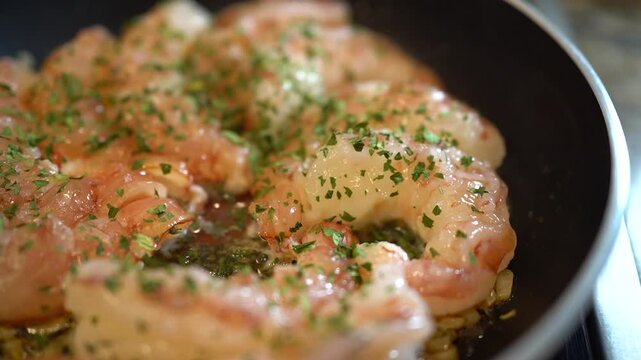 Shrimp saut ing in olive oil with garlic and parsley in a frying pan on the stove fresh, homemade seafood meal preparation