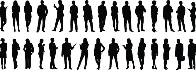 Business people silhouettes collection, corporate team standing diverse professionals black isolated vector illustration on white background leadership concept