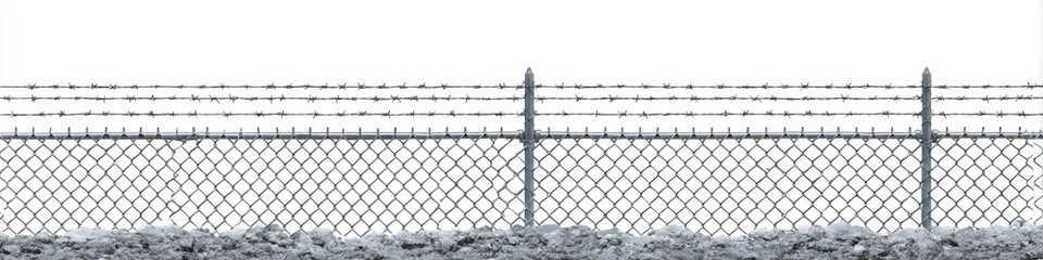 Chain-link fence topped with razor wire and metal posts, set against white