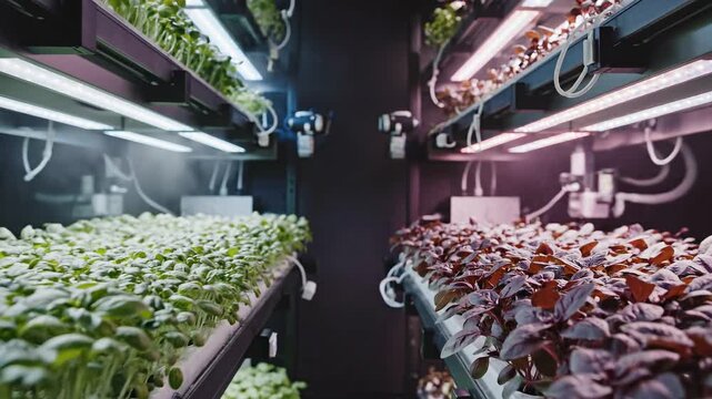 Indoor hydroponic farm growing fresh plants with artificial lighting