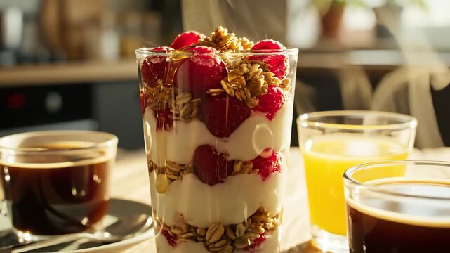 Breakfast scene with coffee orange juice and yogurt parfait