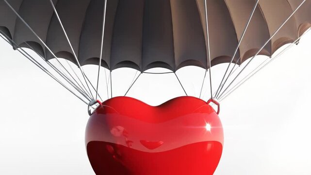 A red heart is flying through the air with a parachute attached to it gently