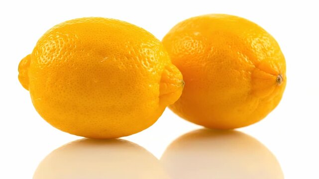 A row of fresh whole lemons on a reflective surface against a white backdrop. Panoramic composition of natural citrus fruit for healthy diet and vitamin c concepts