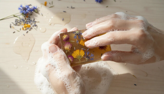 Natural herbal soap with dried flowers and white foam. Handmade soap. hand washing. lathering hands with a natural bar of herbal soap. scented soap with essential oils. hygiene product. foam on hands.