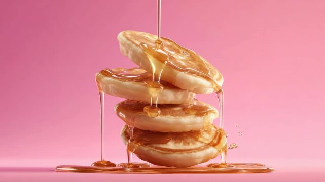 Fluffy pancake stack with golden syrup dripping, sweet breakfast dessert pink background, stacked pancakes with syrup, fluffy texture, golden and sweet, indulgent morning treat, delicious dripping