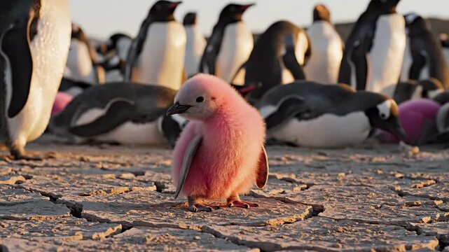 A pink penguin chick stands on cracked dry ground. An unusual animal with a group of adult penguins in the background.