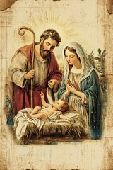 Naklejka premium Christian Nativity Illustration with Mary Joseph and Newborn Child