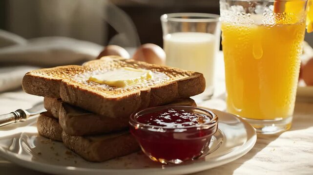 Breakfast scene with toast jam eggs and orange juice in natural light