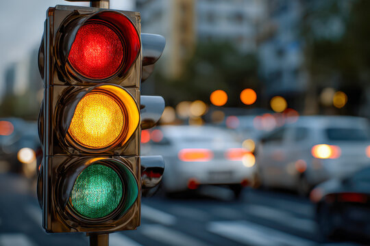 Close-up of an illuminated traffic signal showing red and yellow lights with blurred city street and cars in the background during evening hours