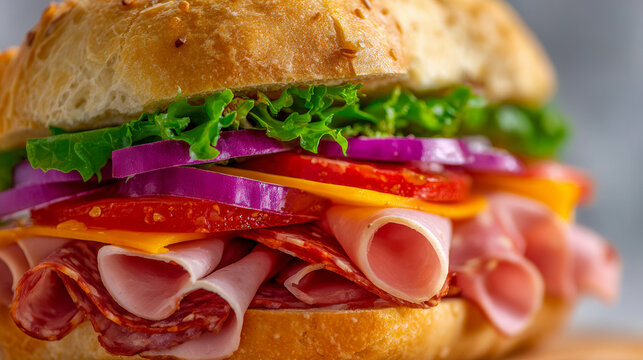 Freshly made deli sandwich with layers of sliced ham, pepperoni, cheddar cheese, lettuce, tomato, and red onion on a sesame seed bun showcasing vibrant colors and texture