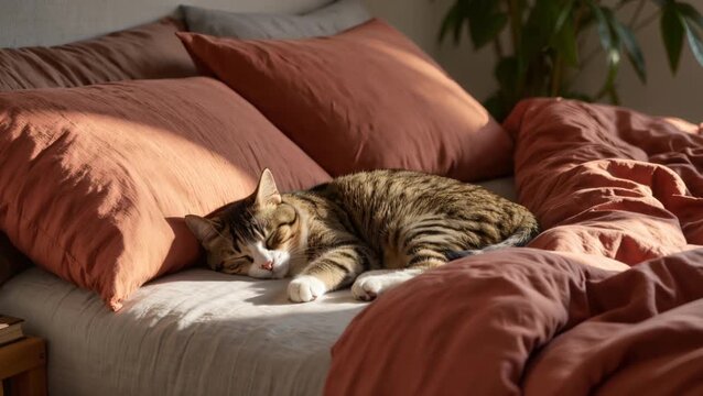 Tabby cat peacefully napping on sunlit terracotta linens, capturing warmth, comfort, and serene home tranquility.