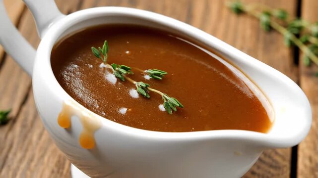 Homemade brown gravy in a white ceramic sauce boat garnished with fresh thyme. Sequence showing savory sauce dripping for a holiday meal preparation concept on a rustic table