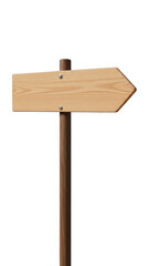Wooden directional signpost with blank arrow shaped board isolated on transparent background