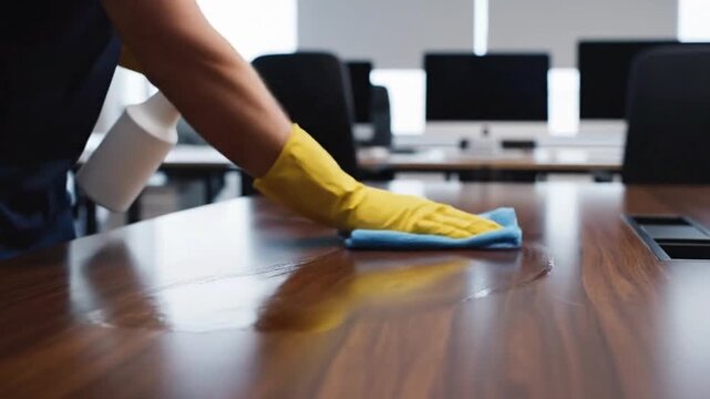 Cleaning a desk in an office with a spray bottle and cloth during daytime hours