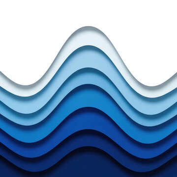 Abstract layered blue wave formations with subtle watercolor textures and clear contours on a transparent background, viewed overhead, providing copy space. Concept of serene fluidity