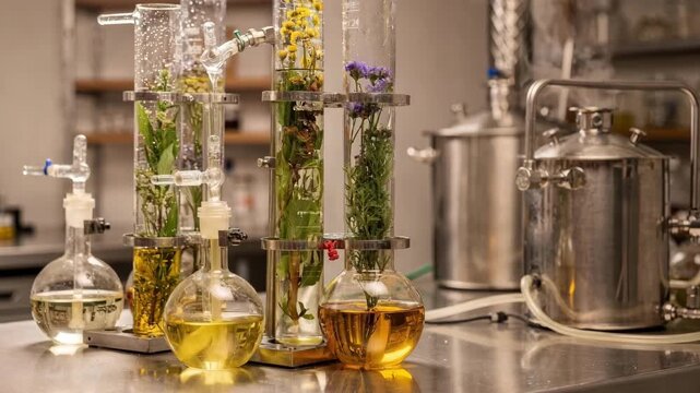 Medium shot of batch steam distillation setup with glass columns extracting volatile oils from fresh botanicals showcasing traditional essential oil extraction process in a clear