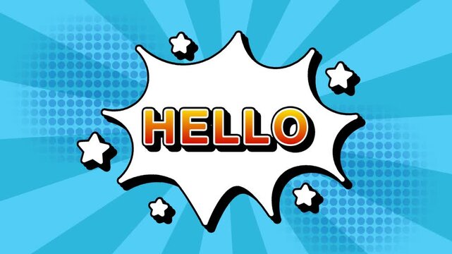 Hello text word cartoon comic popup reveal with bomb and smoke bubbles explosion manga anime book page dots  radial speed line doodle sky blue cyan background seamless loop animation retro style sign