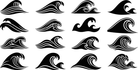 set of wave graphics in black and white for design and decoration purposes  ocean waves © Afia