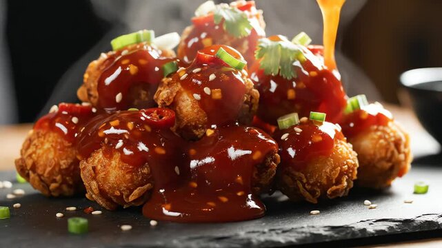 Close up of food with sauce being poured over it
