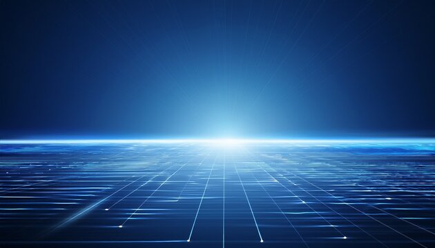 minimalist futuristic blue background with glowing light on horizon and reflective surface for creative abstract concept designs