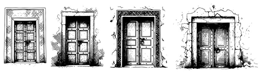 Set of four vintage stone door sketches with rustic wooden frames in hand drawn ink style © Cristiano